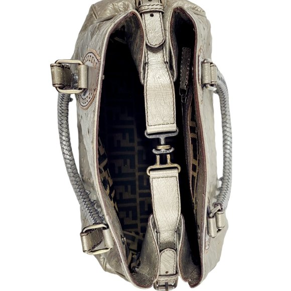 NEW Fendi Silver Metallic Du Jour Ostrich Bag - Picture 8 of 13